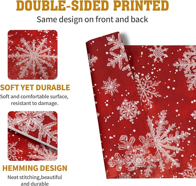Red Snowflake Xmas Placemats Set of 4 Merry Christmas Snowflakes Linen Fabric - Image 5