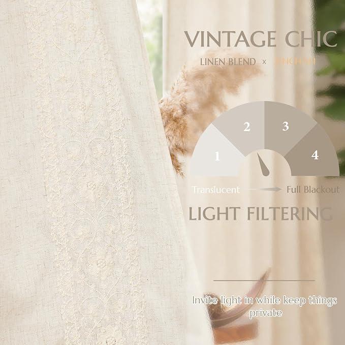 jinchan Ivory Floral Embroidered Short Linen Curtains 54×54 Inches 2 Panels | - Image 6