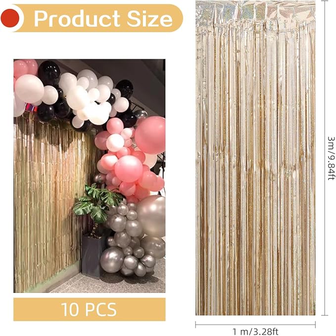 10 Pack Sparkle Champagne Foil Curtain Backdrop 3.2ft x 9.8ft Metallic Tinsel - Image 3