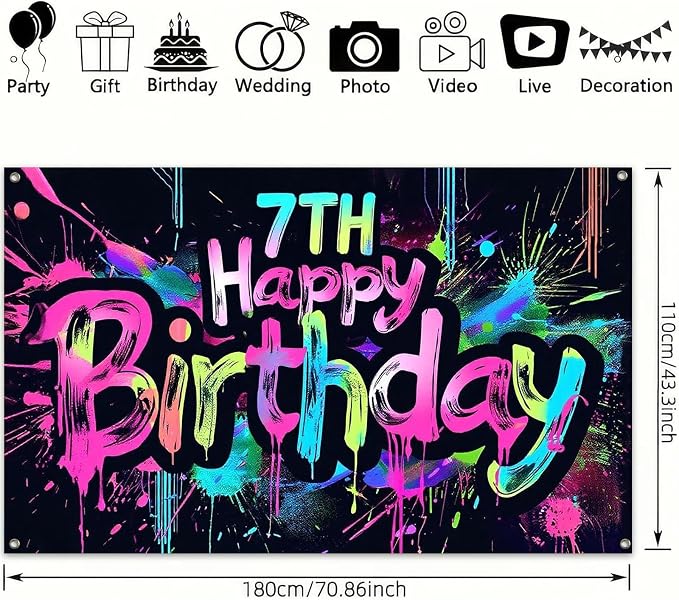 HOMETITUTE Happy 7th Birthday Decorations Banner 71x43 Inch | Neon Birthday - Image 3