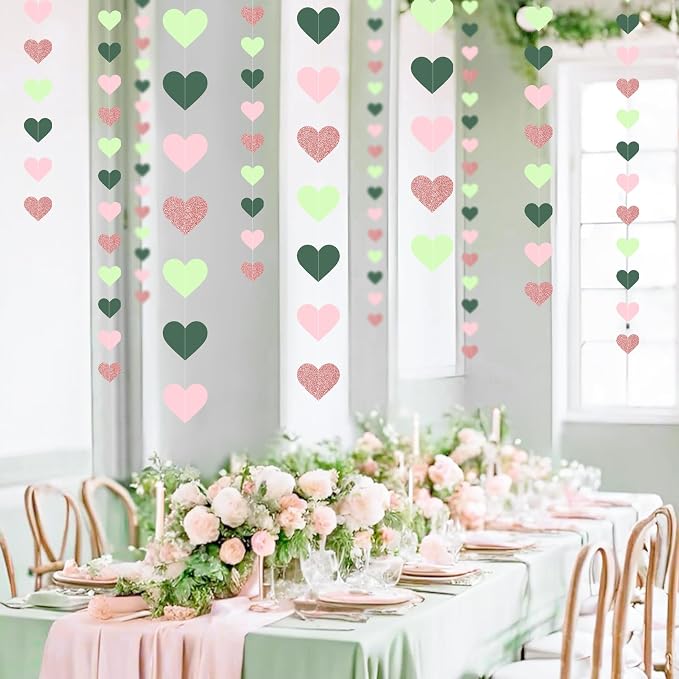5PCS Sage Green Heart Garland, 72ft Sage Green Pink Heart Ceiling Decorations - Image 3