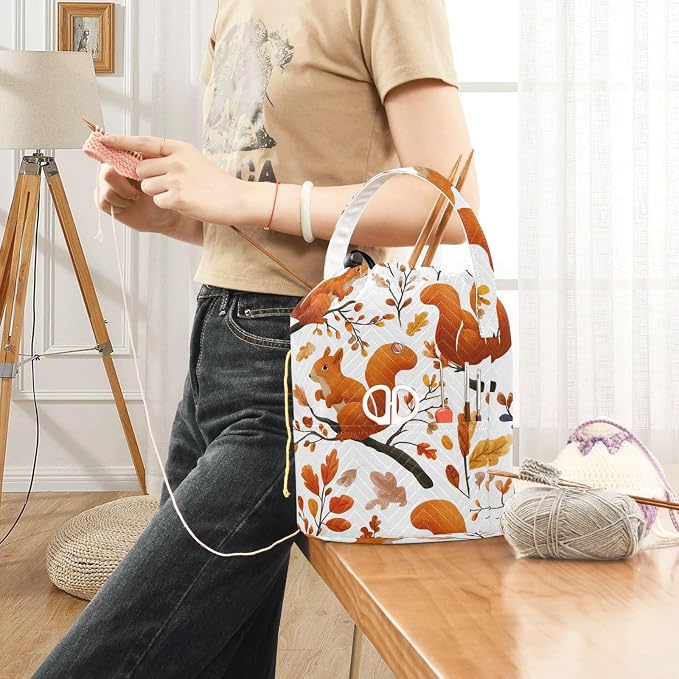 Orange Autumn Squirrels and Leaves Yarn Bag Small Crochet Bag Drawstring Yarn - Image 6