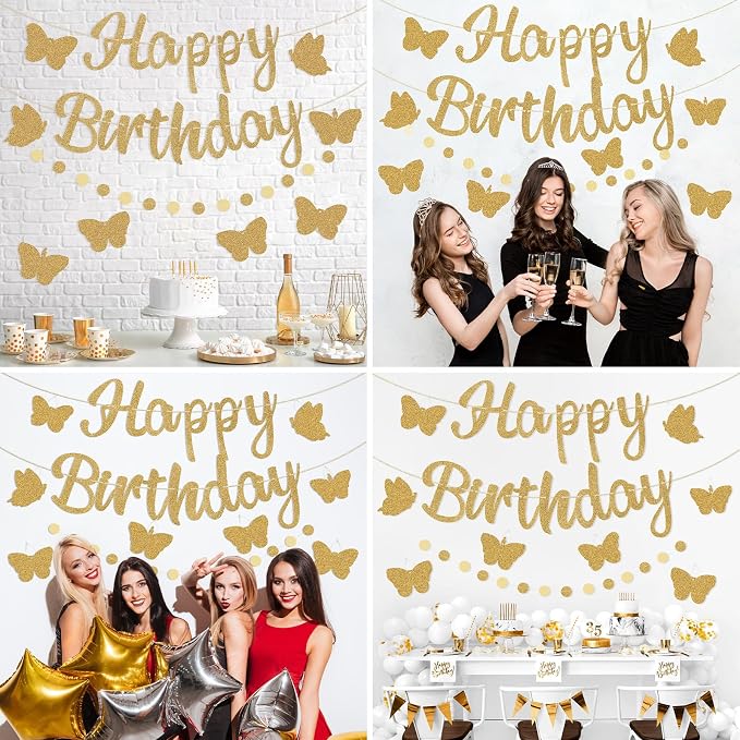 Pre-Strung Happy Birthday Banner, NO DIY Party Decorations | Glitter Gold - Image 6