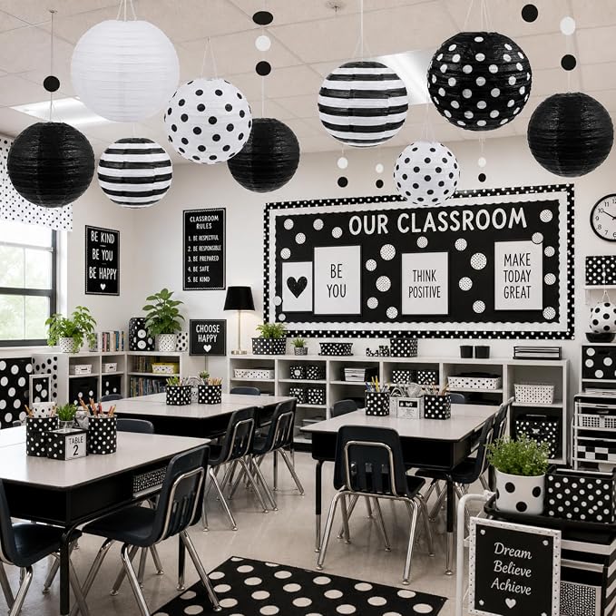 Treela 12 Pack Black and White Paper Lanterns Back to School 8" Round Hanging - Image 8