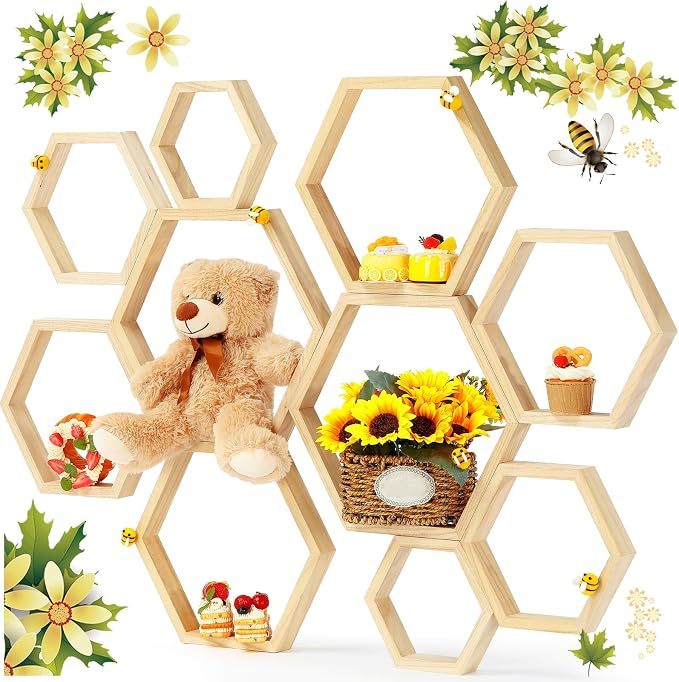 Gerrii 10 Pcs Honey Comb Decorations 5 Sizes Wood Hexagon Shelves Honeycomb by Gerrii