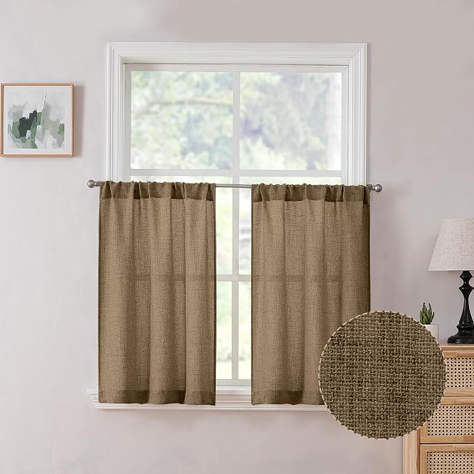 Tollpiz Linen Tier Curtains Rod Pocket Semi Sheer Short Kitchen Curtain Half by Tollpiz
