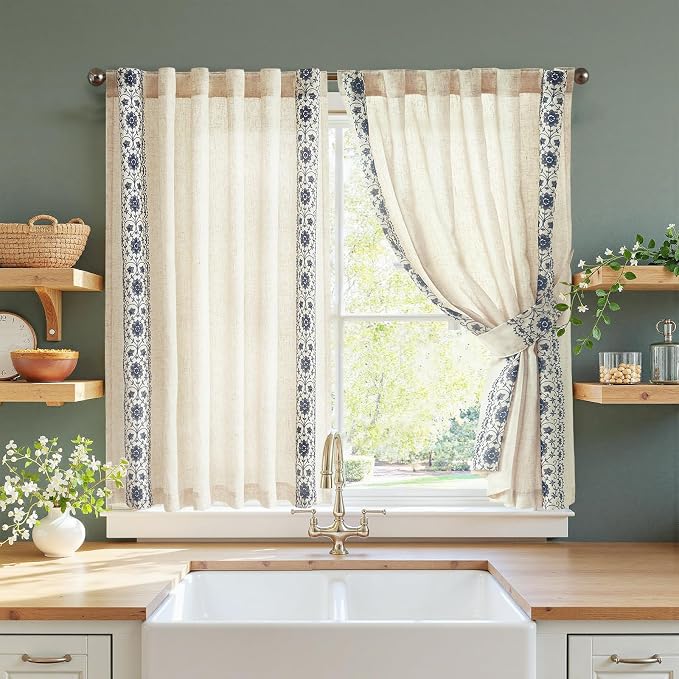 jinchan Blue Floral Embroidered Short Linen Curtains 54×54 Inches 2 Panels | by JINCHAN
