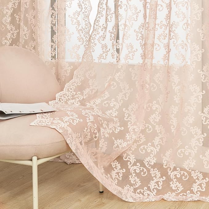 FOLKSIDE Blush Pink Lace Curtains 90 Inches Long 2 Panels Victorian Floral - Image 5