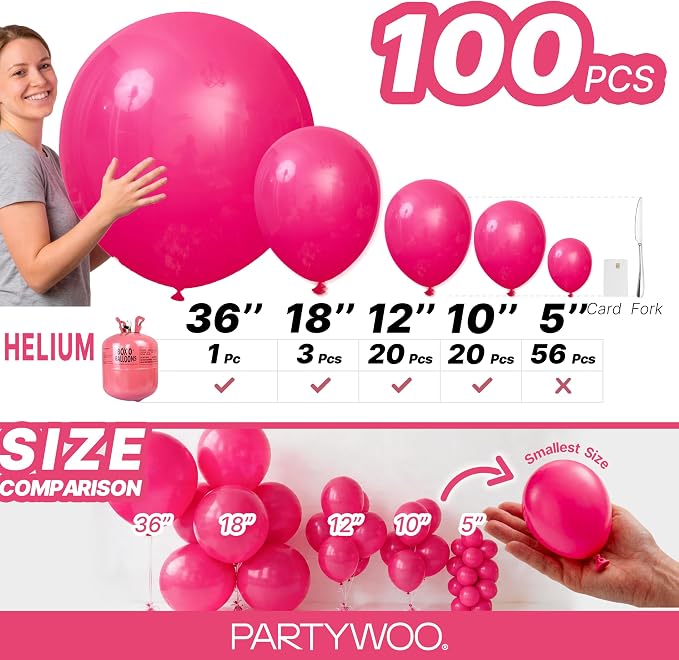 PartyWoo Hot Pink Balloons 100pcs Magenta Fuchsia Color 36 18 12 10 5 Inch | 36 - Image 6