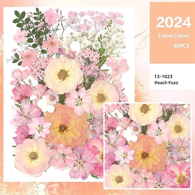 AHTONG 14 Types Pink Dried Pressed Flowers for Craft, Leaf Plant Herbarium for Resin Molds Jewelry Making Floral Decors (Peach Fuzz)