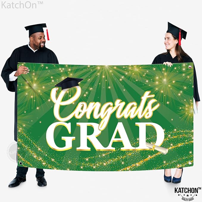 KatchOn Green Congrats Grad Banner 72x44 Inch | Green and Gold Grad Banner - Image 4