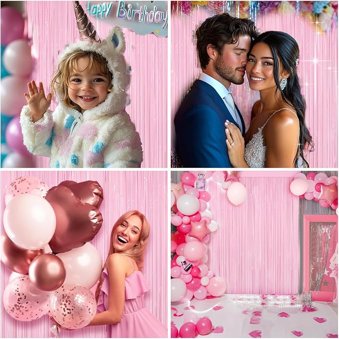4 Packs Pastel Pink Foil Fringe Curtain, Baby Pink Metallic Tinsel Backdrop - Image 5