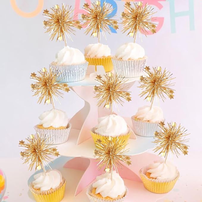 30 PCS Foil Firework Cupcake Toppers Happy Birthday Cake Toppers Star Sparkle - Image 6