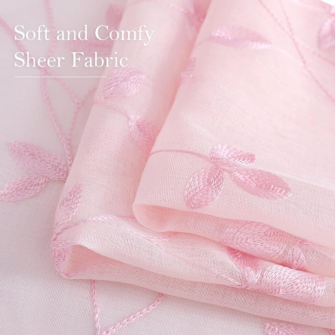 HOMEIDEAS Pink Sheer Curtains 2 Panels Set, Embroidered Vine Leaf, W52 x L84 | - Image 4