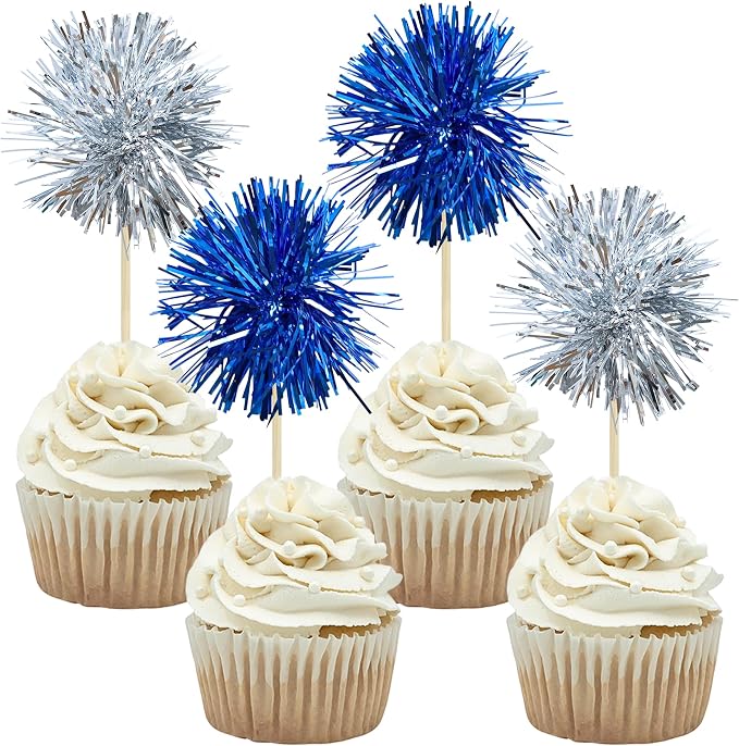 Gyufise 30Pcs Foil Firework Cupcake Toppers Sparkle Tinsel Cake Toppers Tinsel by Gyufise
