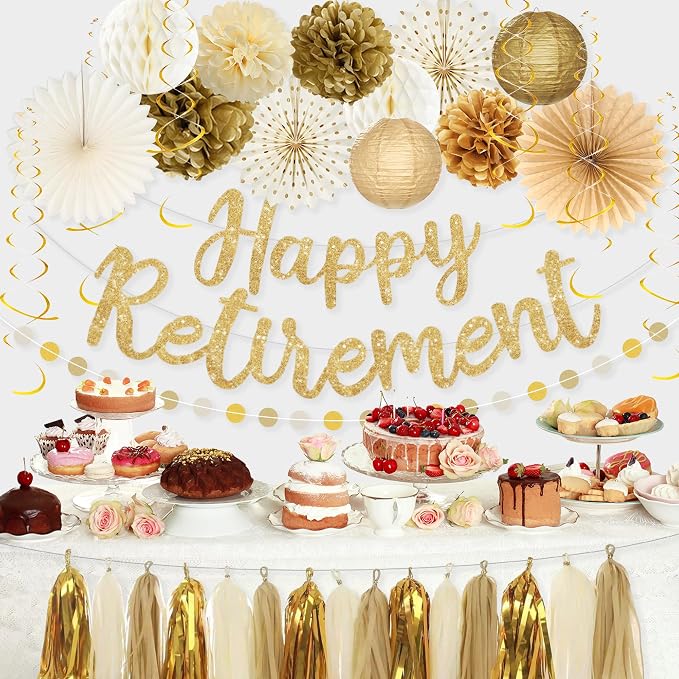 Roetyce Gold Retirement Party Decorations, Glitter Happy Retirement Banner | - Image 2