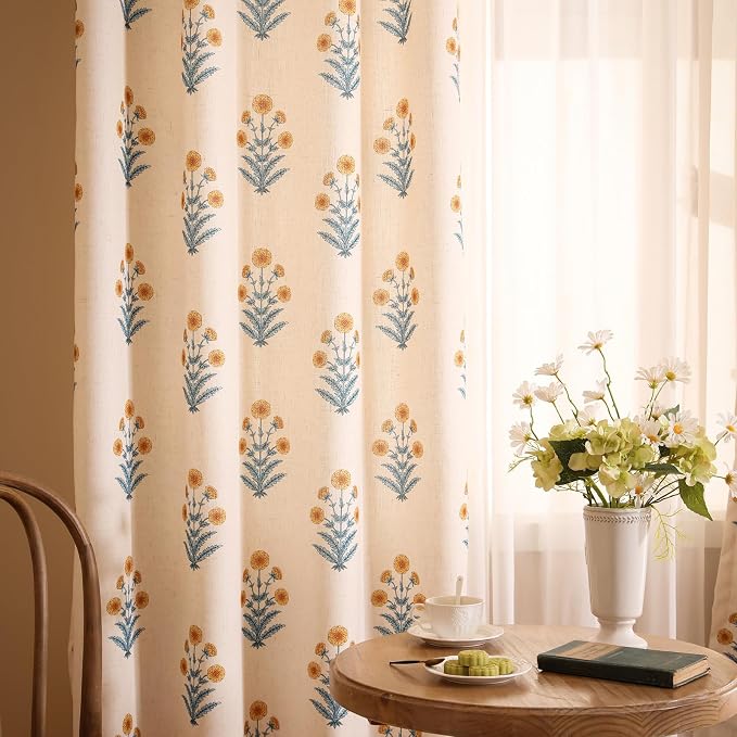 Designer Vintage Linen Printed Curtain, 2 Panels, Pale Yellow Floral Pattern - Image 8