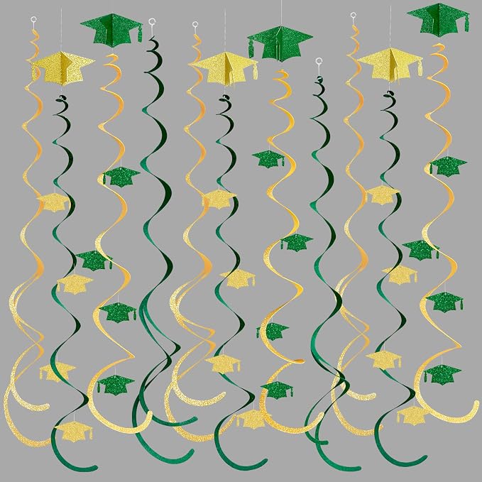 24Pcs Green Gold Graduation Grad Cap Hanging Felt Swirl Streamer Spiral Ceiling by pinkblume