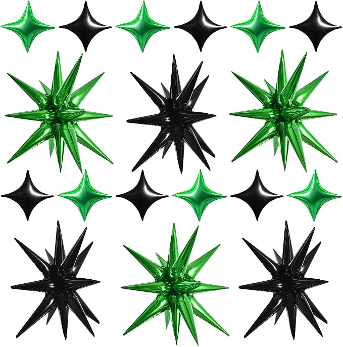 TONIFUL 22Inch 18Pcs Black Green Large Explosion Star Mylar Balloons and 10Inch by TONIFUL