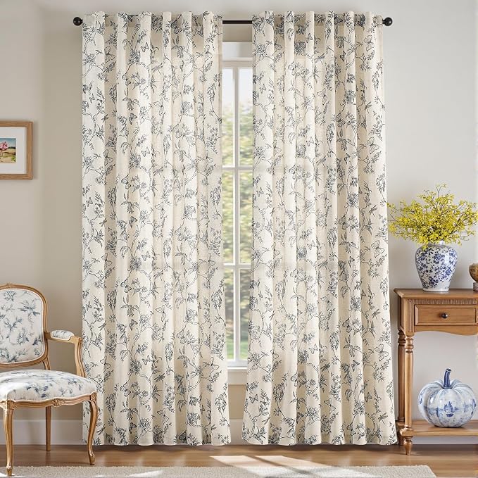 Blue Floral Linen Curtains Farmhouse Rod Pocket 50W X 90L 2 Panels | Charlotte - Image 2