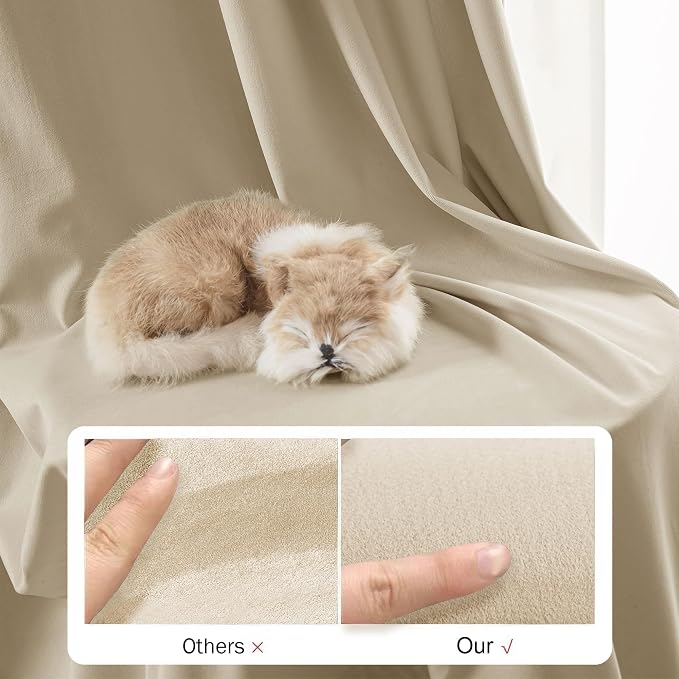 Beauoop Beige Velvet Curtains for Bedroom Living Room 52x84 2 Panels | Soft - Image 7