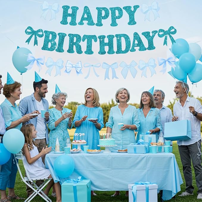 Glitter Lake Blue Bow Happy Birthday Banner Pre-Strung Happy Birthday - Image 6