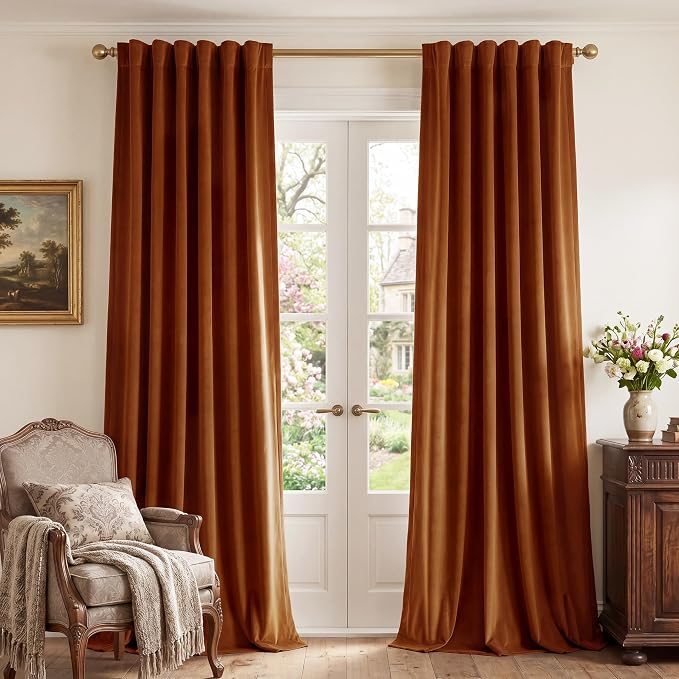 Burnt Orange Velvet Curtains Back Tab Extra Long, Window Back Tab Pinch Pleat by StangH