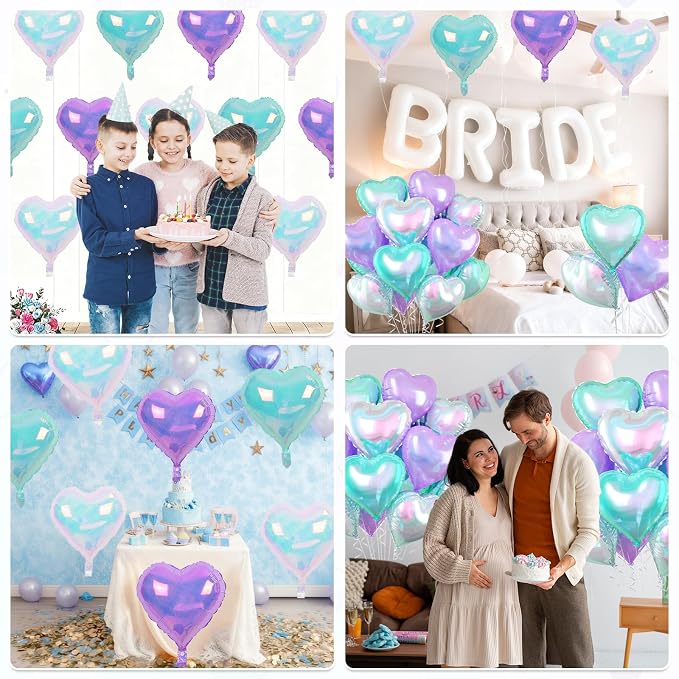 Iridescent Heart Balloons, 18 Inch Transparent Gradient Blue Purple Foil - Image 6