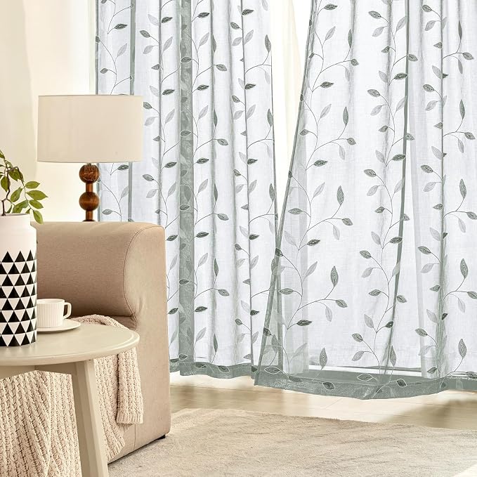MIULEE Sage Sheer Curtains 2 Panels Embroidered Leaf Patterned, W52 x L63 | - Image 2