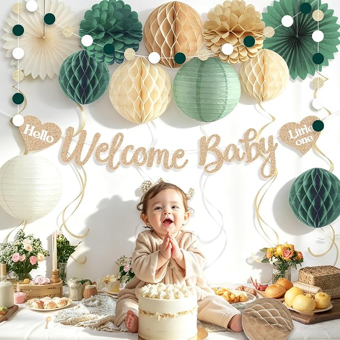 Sage Green Baby Shower Decorations Boy, Pre-Strung, Honeycomb Balls, Paper - Image 2