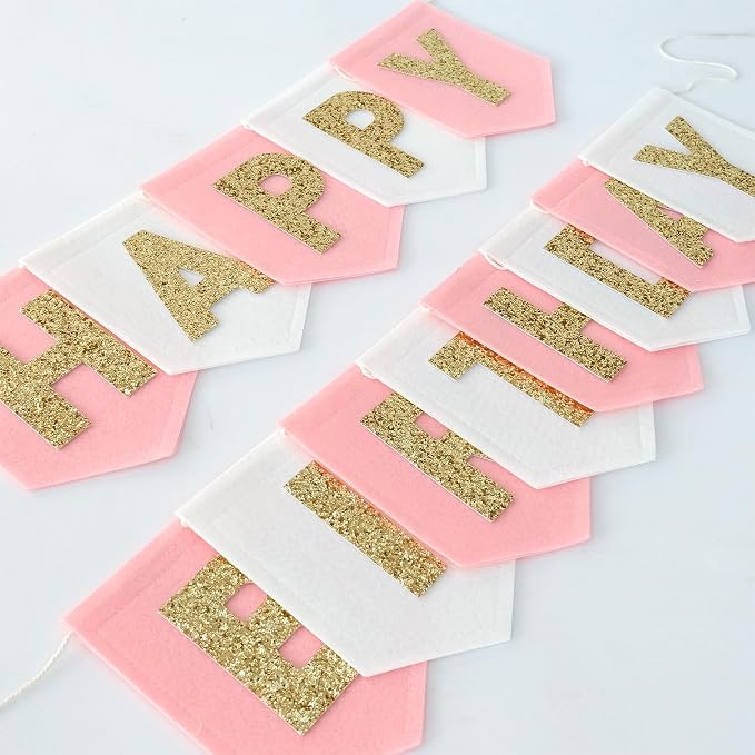 Felt Pink Gold White Happy Birthday Banner Birthday Decorations by HODIHIWI