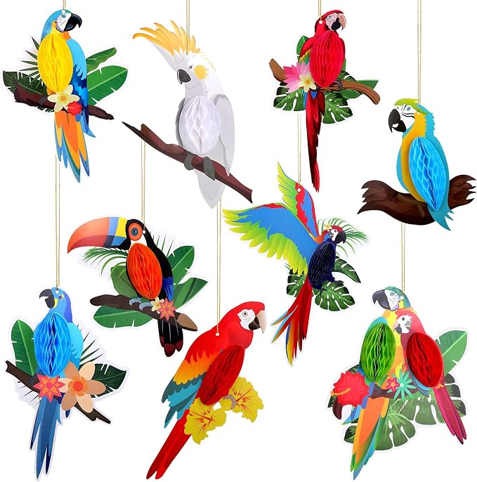 Summer 9 Pcs Tropical Birds Honeycomb Paper Cutouts Luau Parrot Party Decor | by Aranorun
