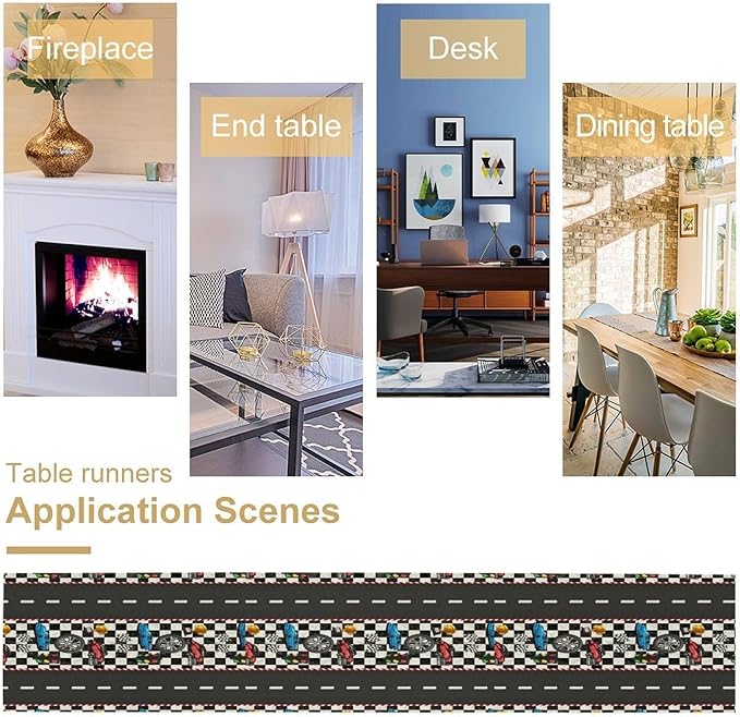 Race Car Table Runner,Checkered Flag Black and White Race Cars Pattern Print Tablecloth Burlap for Hotel Indoors Outdoor Dining Room Kitchen Home Decor,W13X L108 in