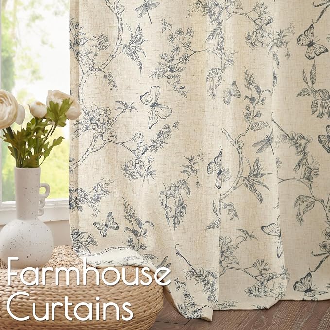 Blue Floral Linen Curtains Farmhouse Rod Pocket 50W X 108L 2 Panels | Charlotte - Image 3