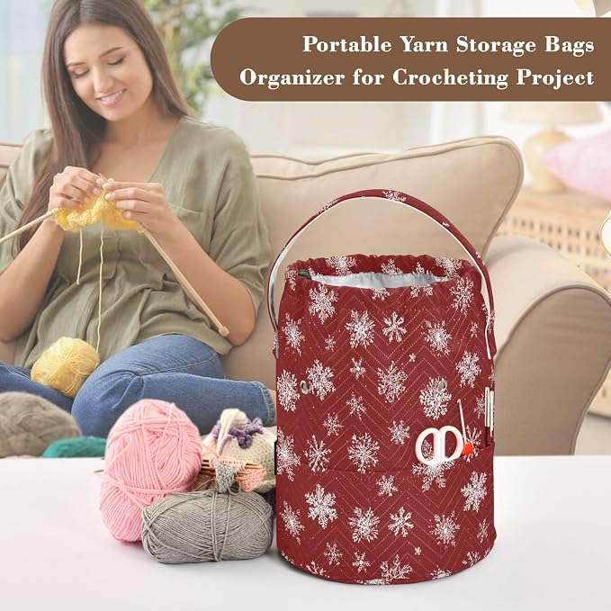 Red Christmas Snowflake Yarn Bag Small Crochet Bag Drawstring Yarn Storage - Image 4