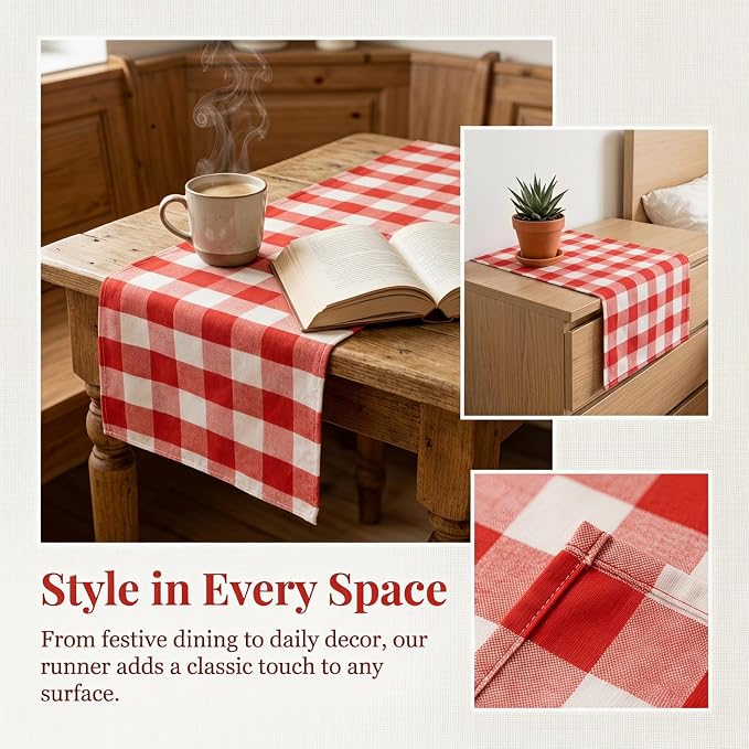 ShinyBeauty Buffalo Check Table Runner 13x108 Red and White Cotton Plaid | Red - Image 3