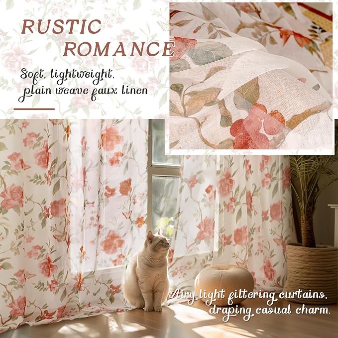 Sheer Curtains 54 Inch Length 2 Panels Set, Floral Patterned Linen Look - Image 4
