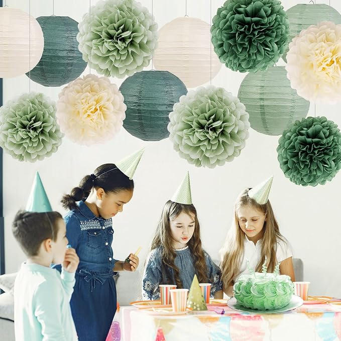Green Birthday Party Decorations Paper Lanterns and Pom Poms 15pcs Set | Baby - Image 2