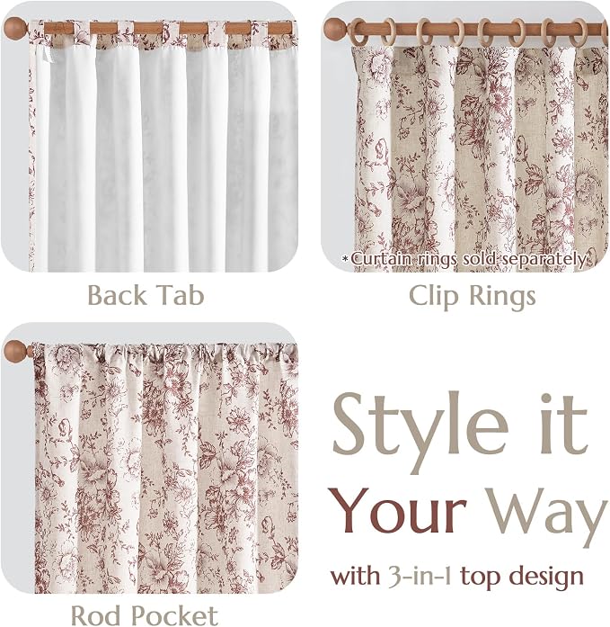 jinchan Red Floral Linen Curtains Lined 63 Inch Farmhouse Back Tab 2 Panels | - Image 6