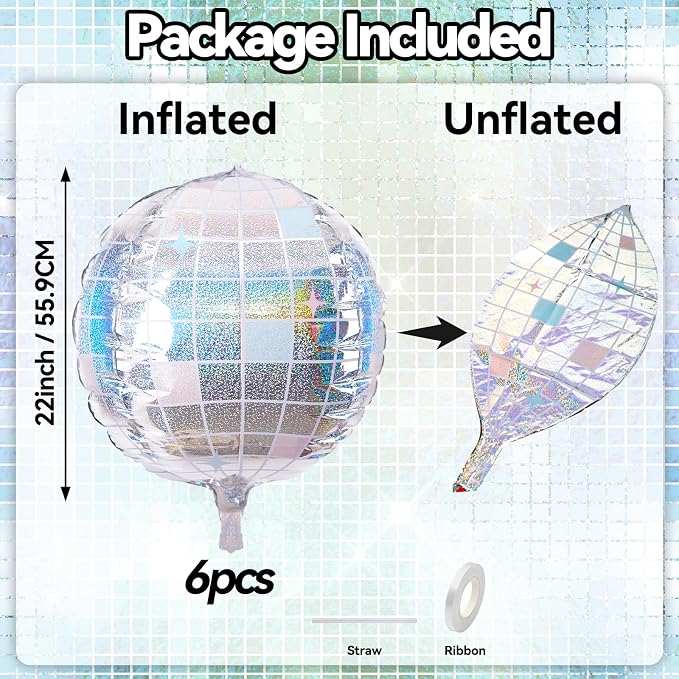 6pcs 22 Inch Iridescent Disco Ball Balloons, Iridescent Big Disco Balloons - Image 3