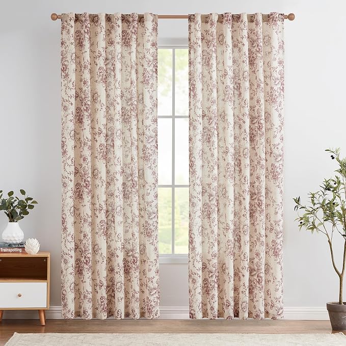 jinchan Red Floral Linen Curtains 84 Inch Farmhouse Back Tab 2 Panels | Light by JINCHAN