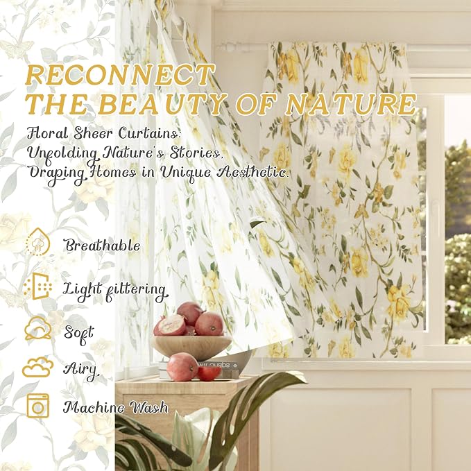 Kitchen Curtains 24 Inch Length 2 Panels, Floral Patterned Semi Sheer Light - Image 2