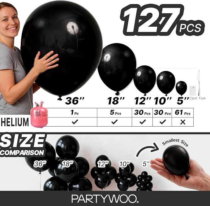 PartyWoo Black Balloons 127pcs Matte Black Latex Balloons Different Sizes | 36 - Image 6