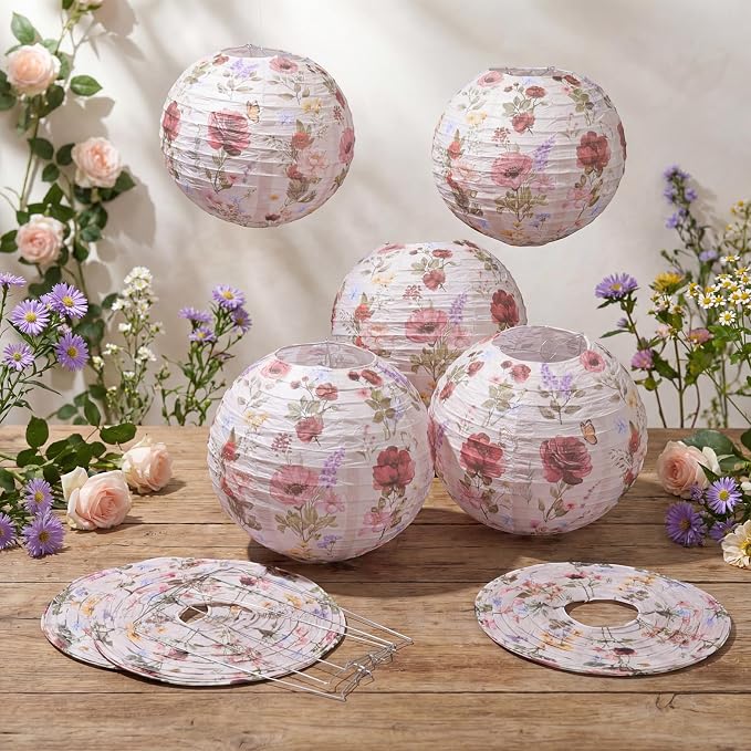 Honoson 12 Pcs Red Rose Paper Lanterns Spring Floral Party Decorations Hanging - Image 5