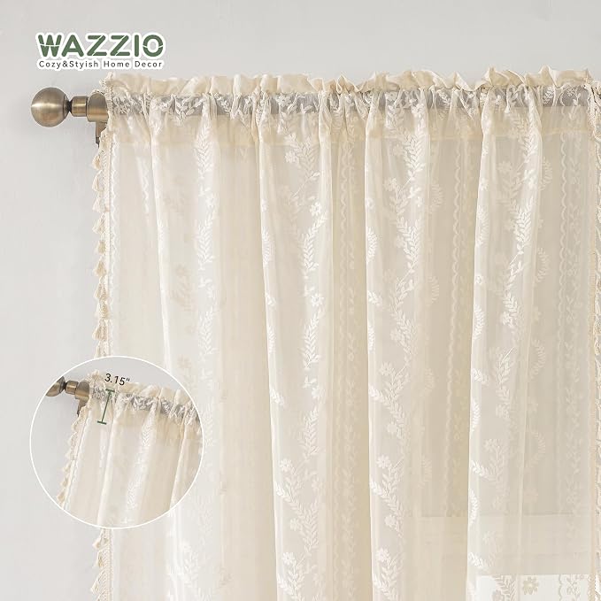 WAZZIO Boho Lace Curtains 2 Panels 96 Inches -Cute Vintage Victorian Sheer - Image 7