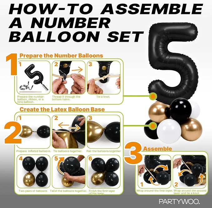 PartyWoo Number Balloons 40 Inch Black Number 5 Kit 25pcs - Image 7