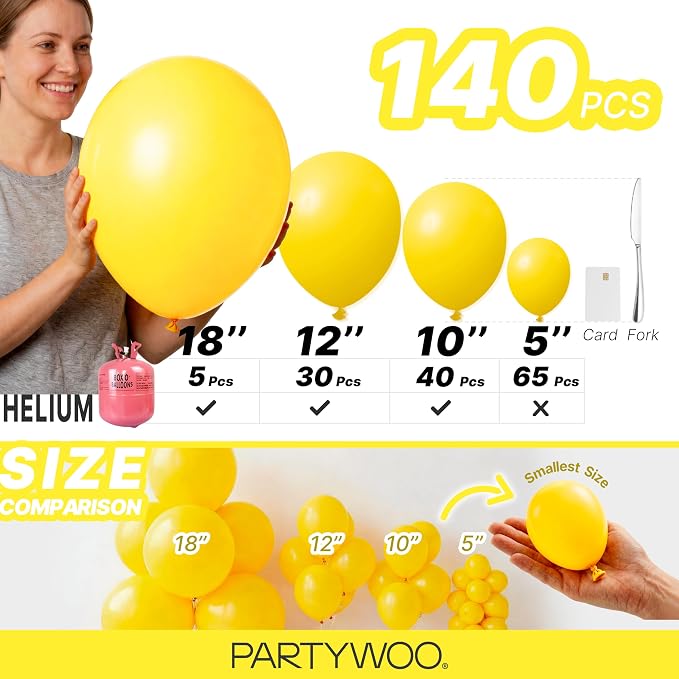 PartyWoo Yellow Balloons 140pcs Matte Yellow Balloons Different Sizes | 18 12 - Image 6