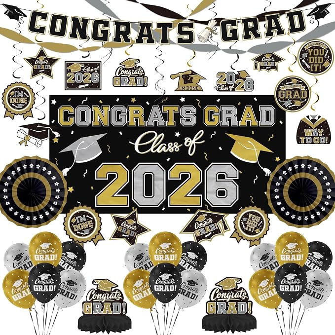 Black and Gold Themed 2026 Graduation Decorations Set by Gatherfun