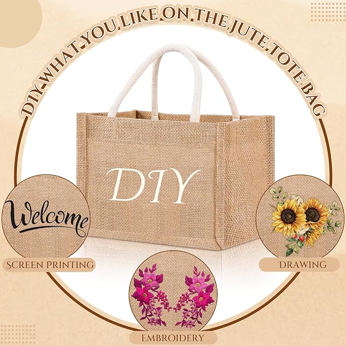 Cunno 24 Pcs Burlap Tote Bag Mini Jute Reusable Waterproof Bag with Handles Small Blank Canvas for Wedding Beach DIY Gift(Classic,9.06 x 6.3 x 5.12)
