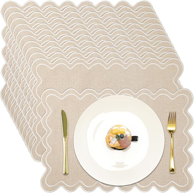 Linen Placemats Set of 12 Scalloped Placemat 13 X19 Wavy Embroidery Double by Gandeer